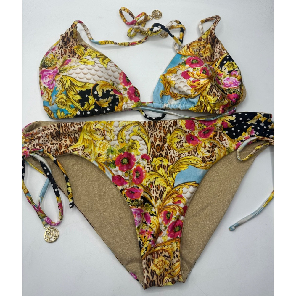Luli Fama M/L BIKINI Triangle SEXY leopard yellow pink POPPY crystallized D27